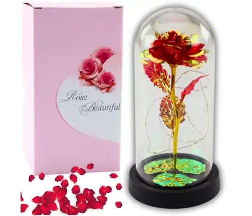 Eternal Rose In Glass Crystal Dome LED Lighting Red 21x11cm