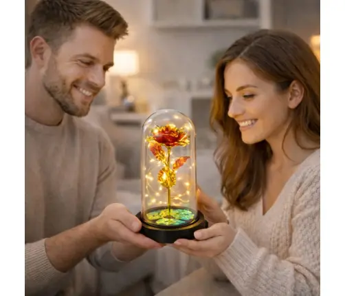 Eternal Rose In Glass Crystal Dome LED Lighting Red 21x11cm