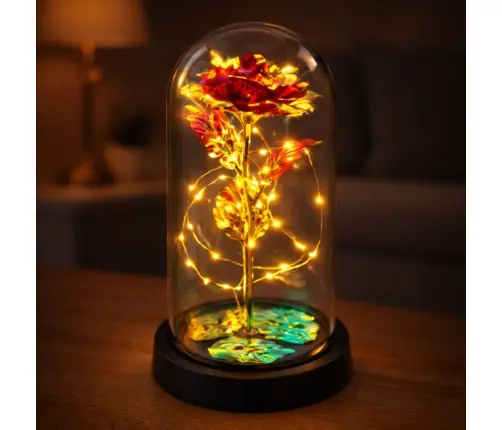 Eternal Rose In Glass Crystal Dome LED Lighting Red 21x11cm