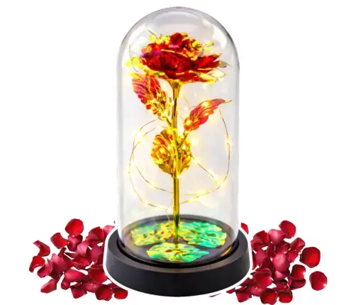 Eternal Rose In Glass Crystal Dome LED Lighting Red 21x11cm