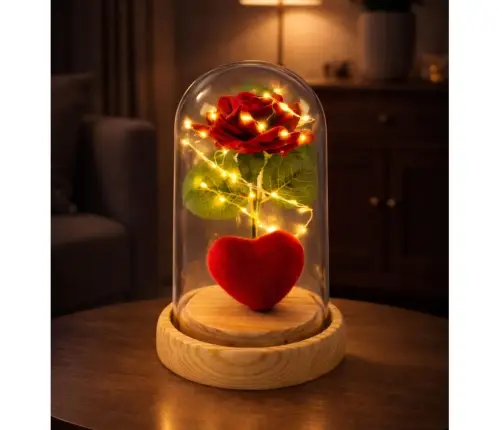 Eternal Rose in Dome with LED Lighting Red with Heart 14x8cm