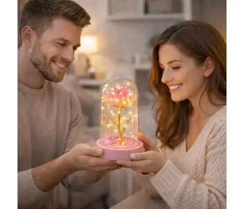 Eternal Crystal Rose in Dome with LED Lighting Pink 14x8cm