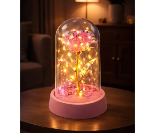 Eternal Crystal Rose in Dome with LED Lighting Pink 14x8cm