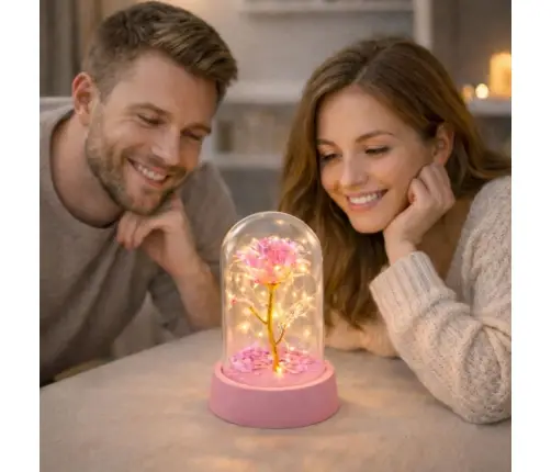 Eternal Crystal Rose in Dome with LED Lighting Pink 14x8cm