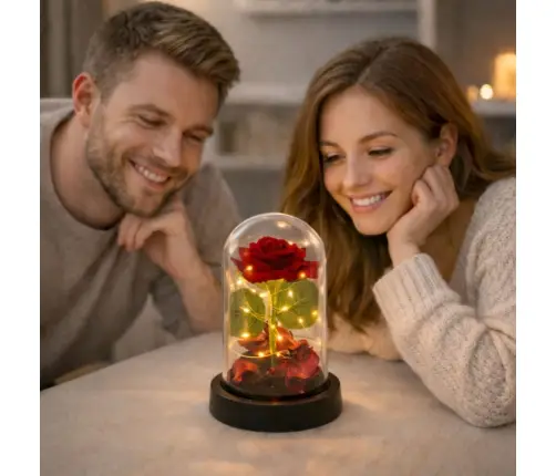 Eternal Rose in Dome with LED Lighting Red with Rose Petals 14x8cm