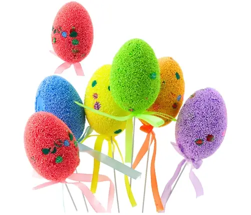 Easter Eggs on Wire Pick Colorful Leaves Ribbon Decoration 6pcs