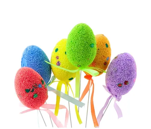 Easter Eggs on Wire Pick Colorful Leaves Ribbon Decoration 6pcs