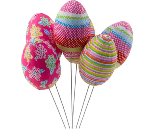 Easter Eggs on Wire Pick Dots Flowers Stripes Decoration Colorful 6pcs