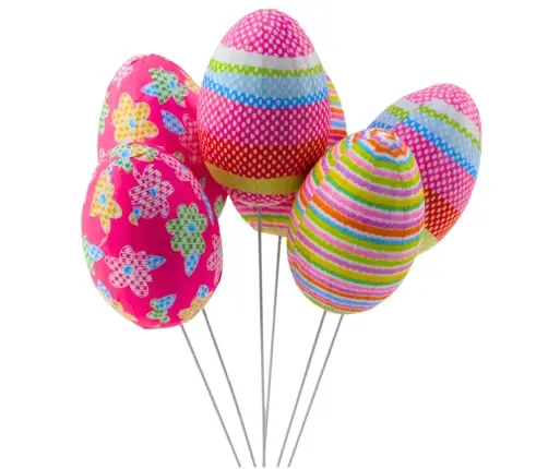Easter Eggs on Wire Pick Dots Flowers Stripes Decoration Colorful 6pcs
