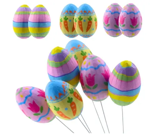 Easter Eggs on Wire Pick Carrot Tulips Decoration Colorful 6pcs