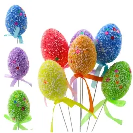 Easter Eggs On A Wire Pick Colorful White Patterns Ribbon Decoration 6pcs Easter Eggs On A Wire Pick Colorful White Patterns Ribbon Decoration 6pcs