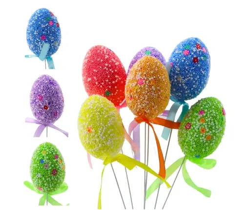 Easter Eggs On A Wire Pick Colorful White Patterns Ribbon Decoration 6pcs