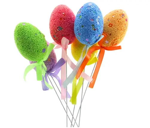 Easter Eggs on Wire Pick Colorful Leaves Ribbon Decoration 5pcs