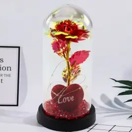 Eternal Rose in Dome with LED Lighting Heart Beads Red 21x11cm