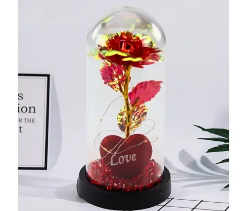 Eternal Rose in Dome with LED Lighting Heart Beads Red 21x11cm