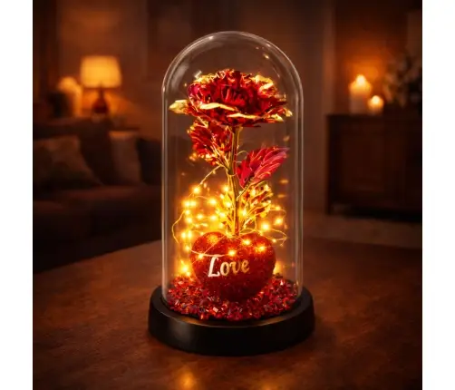 Eternal Rose in Dome with LED Lighting Heart Beads Red 21x11cm