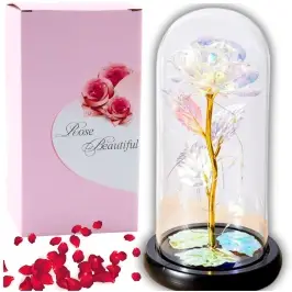 Eternal Rose in a Glass Crystal Dome, Colorful LED Lighting, 21x11cm