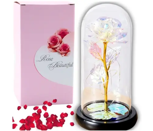 Eternal Rose in a Glass Crystal Dome, Colorful LED Lighting, 21x11cm