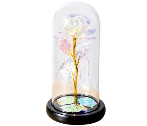 Eternal Rose in a Glass Crystal Dome, Colorful LED Lighting, 21x11cm