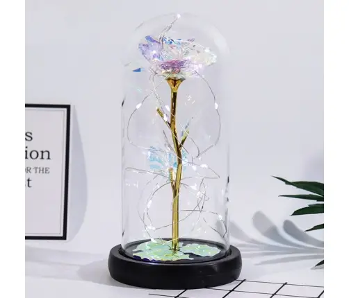 Eternal Rose in a Glass Crystal Dome, Colorful LED Lighting, 21x11cm