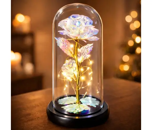 Eternal Rose in a Glass Crystal Dome, Colorful LED Lighting, 21x11cm