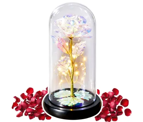 Eternal Rose in a Glass Crystal Dome, Colorful LED Lighting, 21x11cm