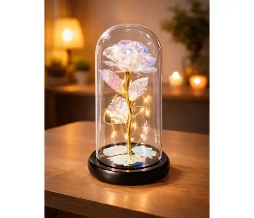 Eternal Rose in a Glass Crystal Dome, Colorful LED Lighting, 21x11cm