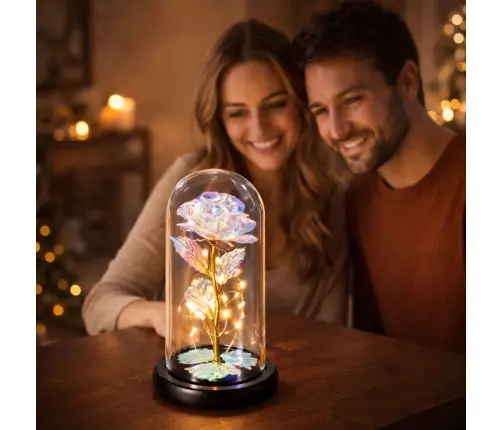 Eternal Rose in a Glass Crystal Dome, Colorful LED Lighting, 21x11cm