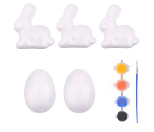 Set for painting styrofoam decorations 3 bunnies 2 eggs paints