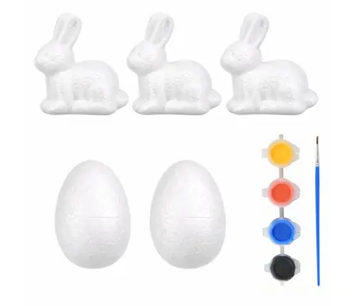 Set for painting styrofoam decorations 3 bunnies 2 eggs paints