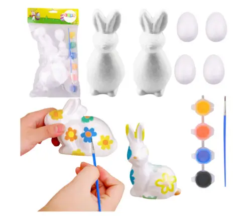 Set for painting styrofoam decorations 2 bunnies 4 eggs paints
