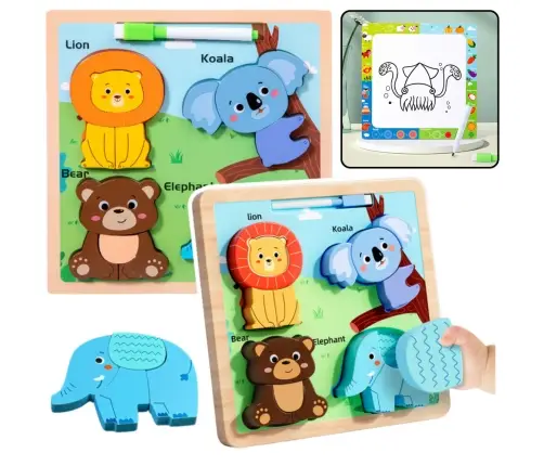 Puzzle Board 2in1 Wooden Educational Wild Animals Marker