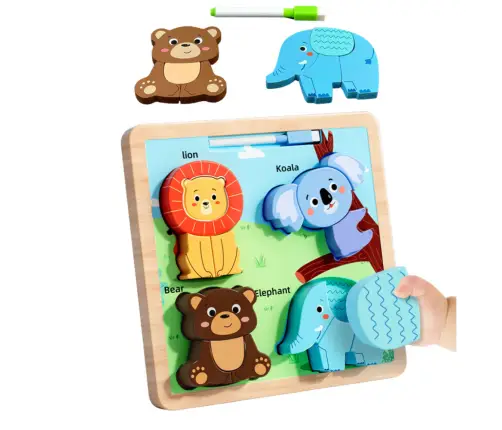 Puzzle Board 2in1 Wooden Educational Wild Animals Marker