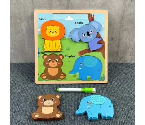 Puzzle Board 2in1 Wooden Educational Wild Animals Marker