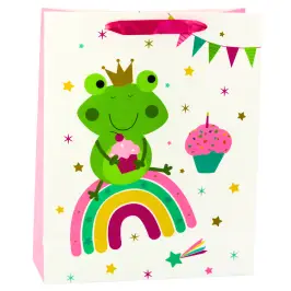 Frog Gift Bag with Crown Rainbow White Pink 32x26x10cm