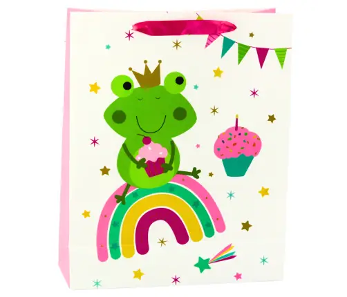 Frog Gift Bag with Crown Rainbow White Pink 32x26x10cm