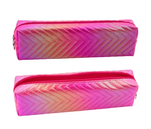 Girl's Pencil Case Metallic Shiny Herringbone Pink