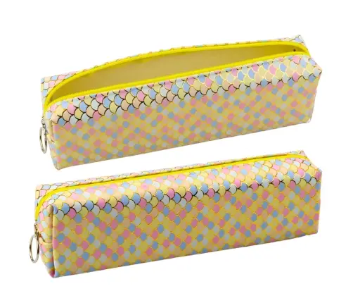 School Pencil Case Organizer Mermaid Scales Pattern Large Yellow Zipper 21x6cm
