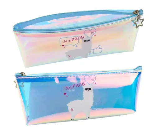 Children's School Pencil Case Holographic With Lama Blue 21x6cm