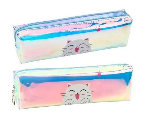 Children's School Pencil Case Holographic With Cat Blue 21x6cm