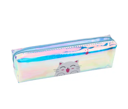 Children's School Pencil Case Holographic With Cat Blue 21x6cm