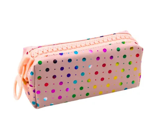 School Pencil Case Organizer Colorful Dots Large Zipper Pink 21x8cm