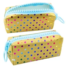 School Pencil Case Organizer Colorful Dots Large Zipper Gold 21x8cm