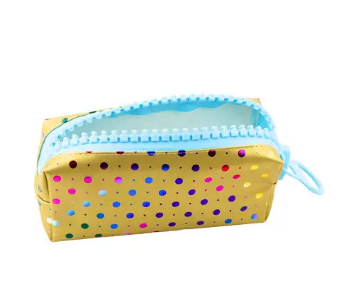 School Pencil Case Organizer Colorful Dots Large Zipper Gold 21x8cm