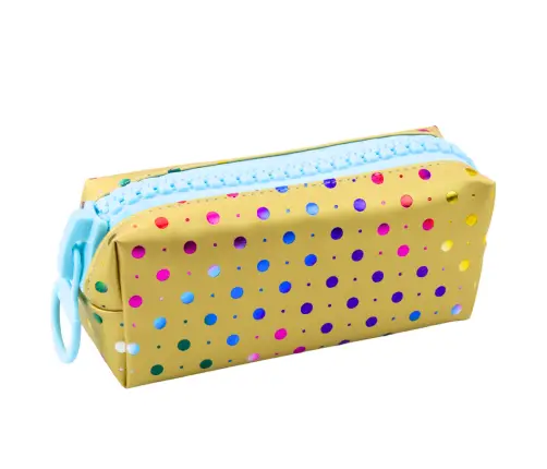 School Pencil Case Organizer Colorful Dots Large Zipper Gold 21x8cm