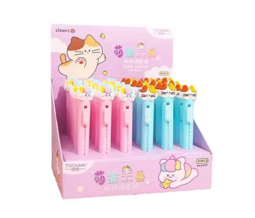 Eraser Pen Extendable With Cat Figure Blue Pink