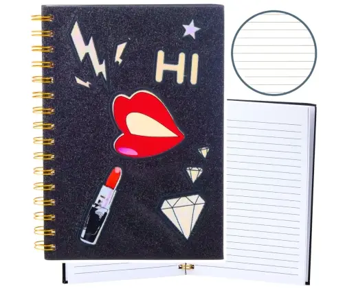 Notebook Lined Notebook Patches Lips Lipstick Glitter Black A5 80 Sheets