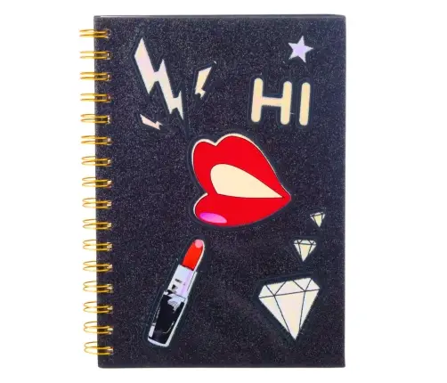 Notebook Lined Notebook Patches Lips Lipstick Glitter Black A5 80 Sheets