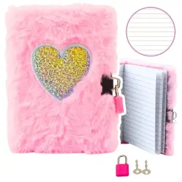 Plush Diary Notebook with Padlock and 2 Keys Heart Pink A6 80 Sheets Plush Diary Notebook with Padlock and 2 Keys Heart Pink A6 80 Sheets