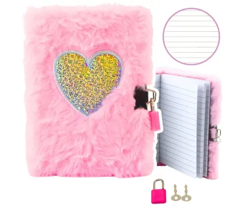 Plush Diary Notebook with Padlock and 2 Keys Heart Pink A6 80 Sheets
